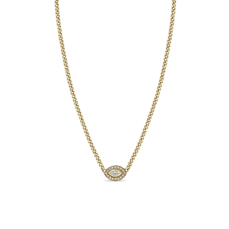 14k XS Curb Chain Marquise Diamond Halo Necklace