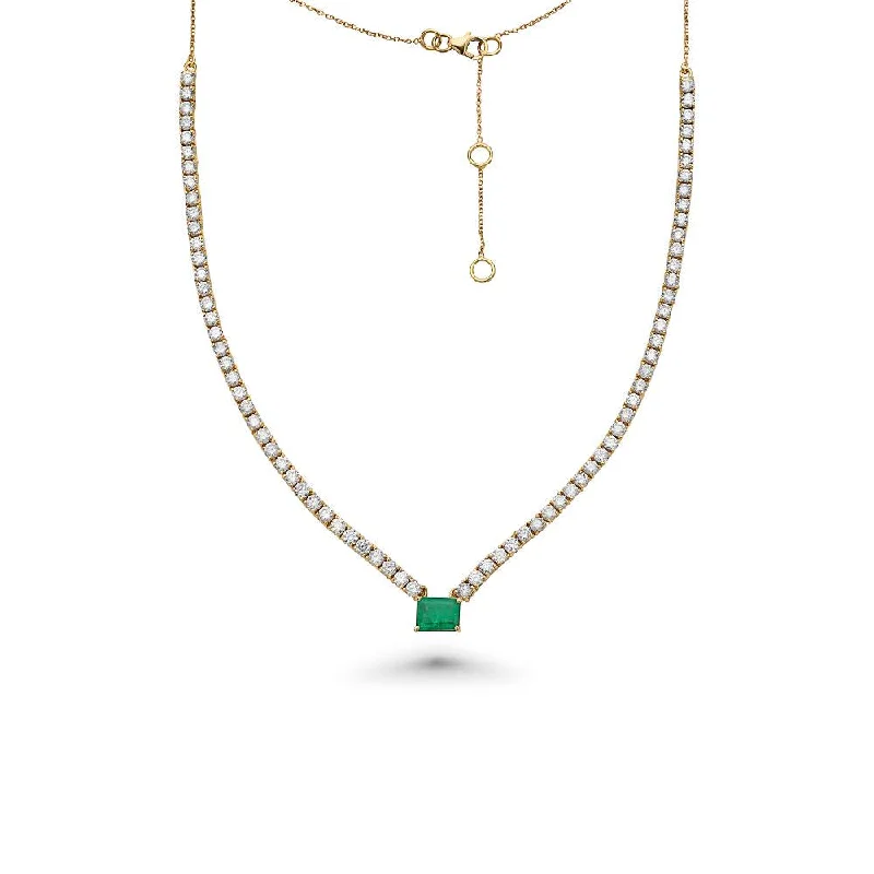 HalfWay Diamond Tennis Necklace With Emerald Cut Emerald (7.50 ct.) 2 mm 4-Prongs Setting  in 14K Gold