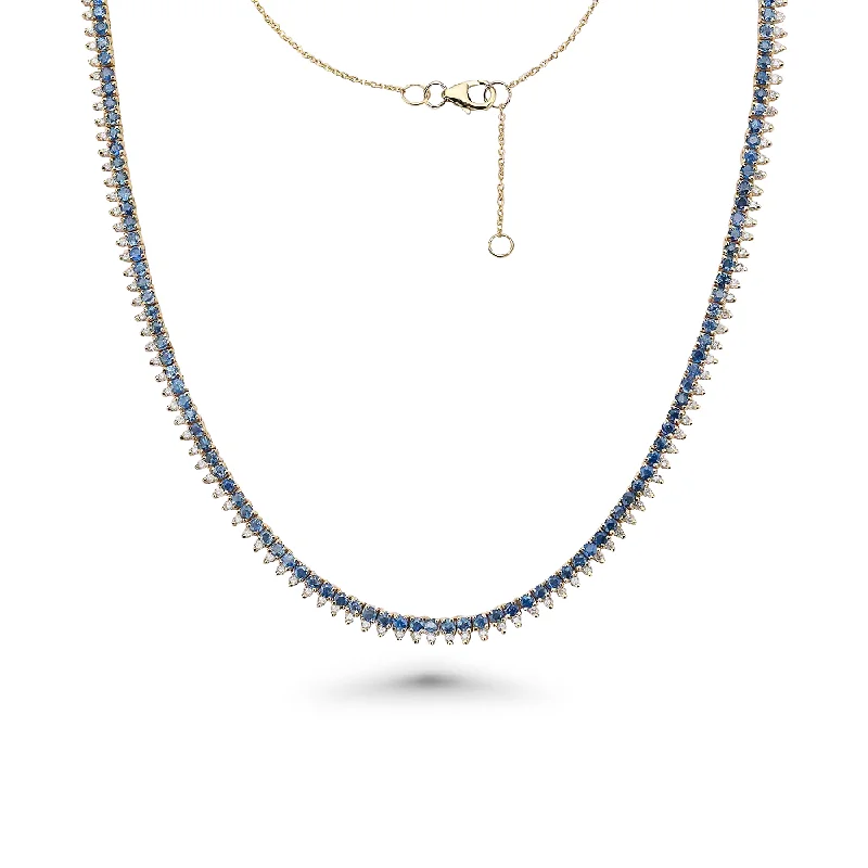 Blue Sapphire & Diamond Halfway Tennis Choker Necklace (6.60 ct.) in 14K Gold