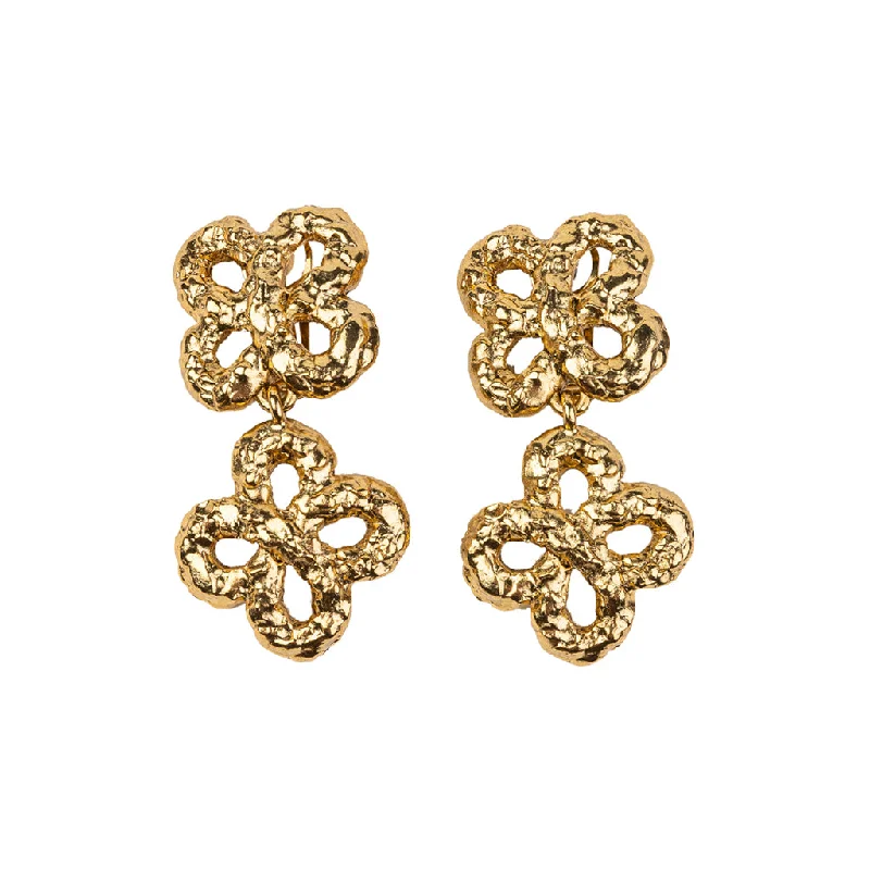 Gold Rippled Clover Cross Clip Earrings