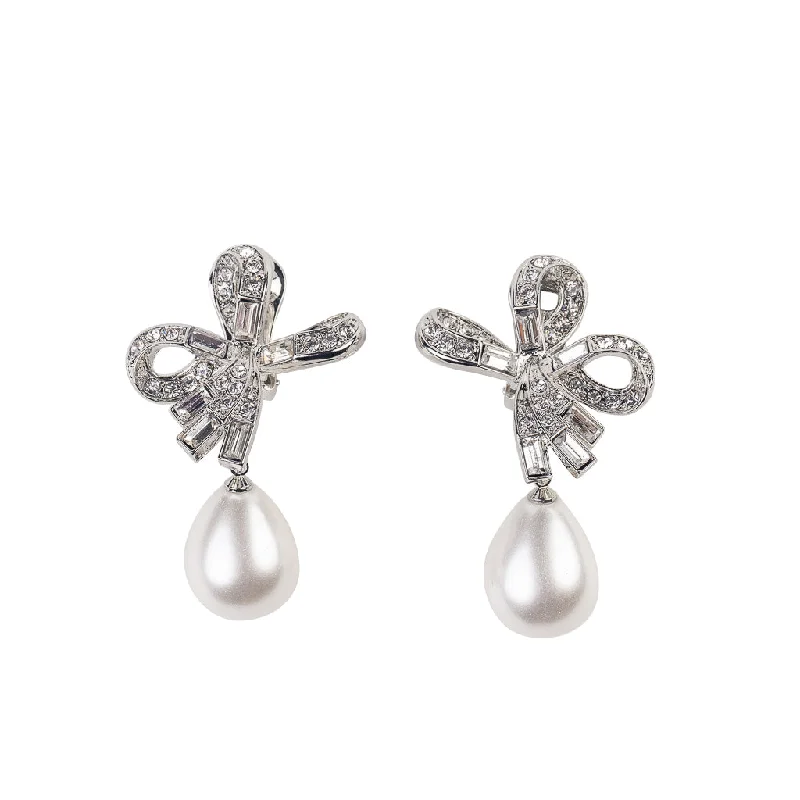 Crystal Bow Pearl Drop Clip Earrings