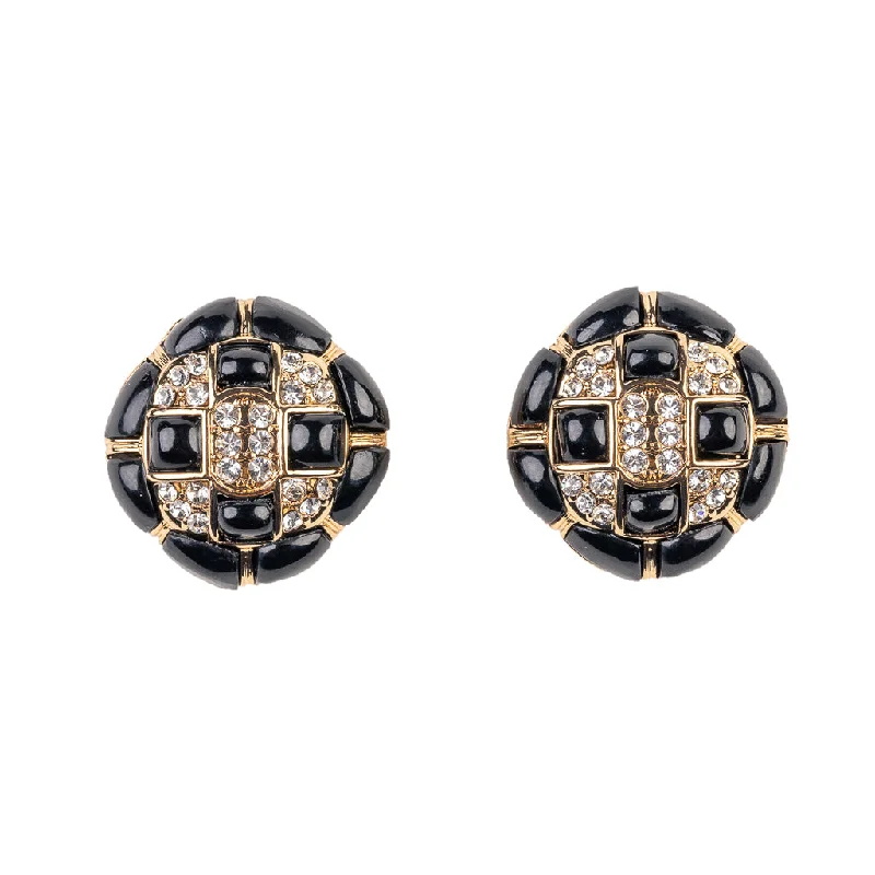 Rhinestone and Black Button Clip Earring