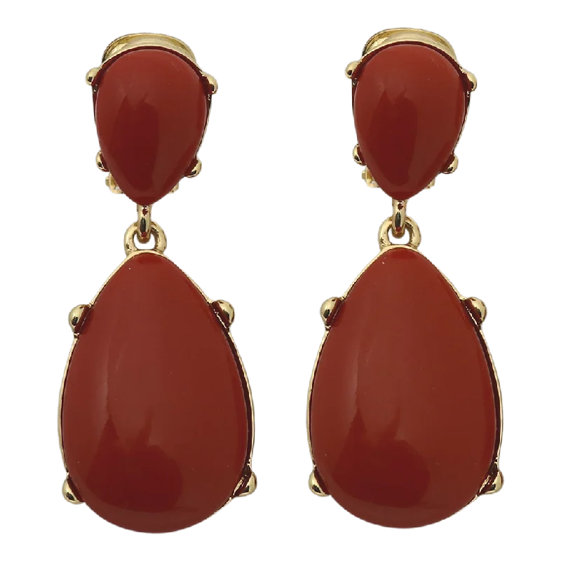 Dark Coral Resin Teardrop Cabochon Clip Earring