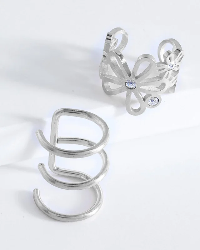 Sterling Silver Flower Ear Cuff Set of 2