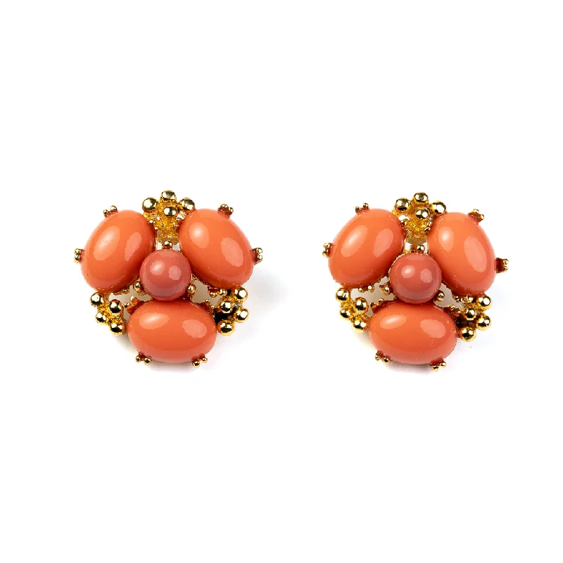 Coral Cabochon Cluster Earrings