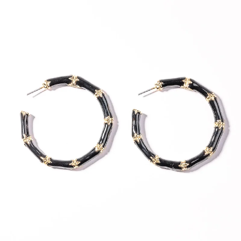 Medium Black Bamboo Hoop Pierced Earrings