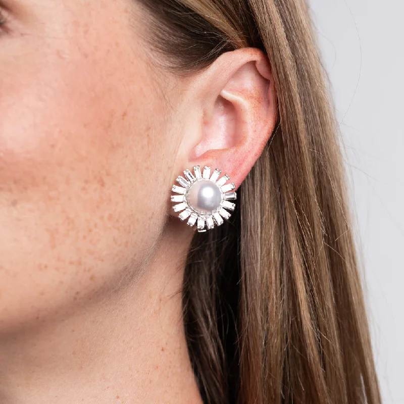 Pearl Ball Sunburst Clip Earrings