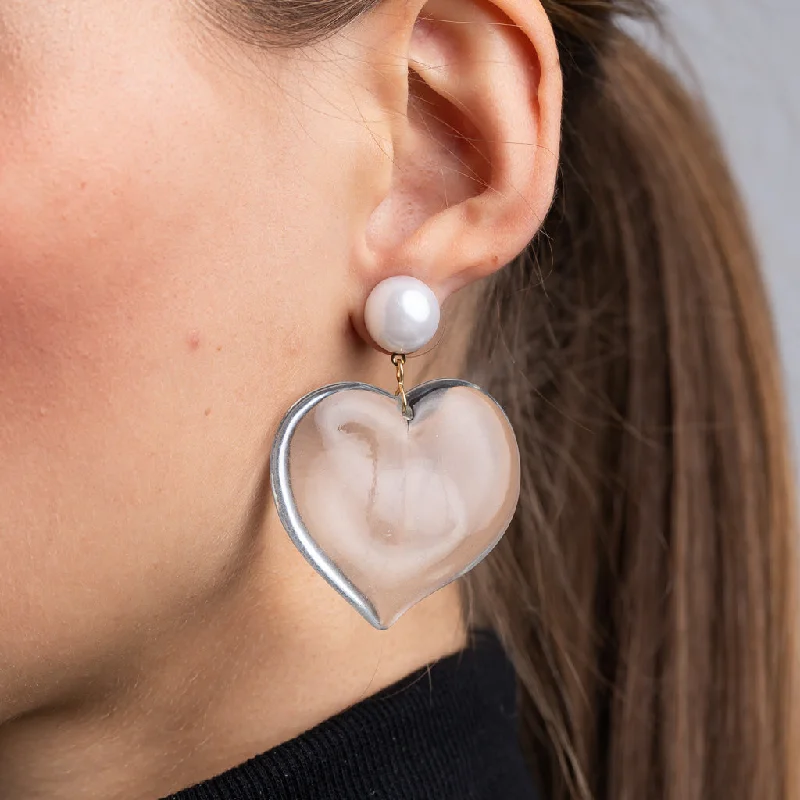 Pearl Top and Clear Heart Drop Pierced Earrings