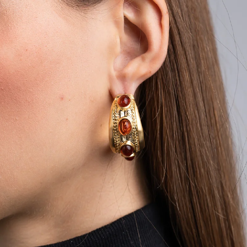 Polished Gold and Tortoise Cabochon Oval Hoop Earrings