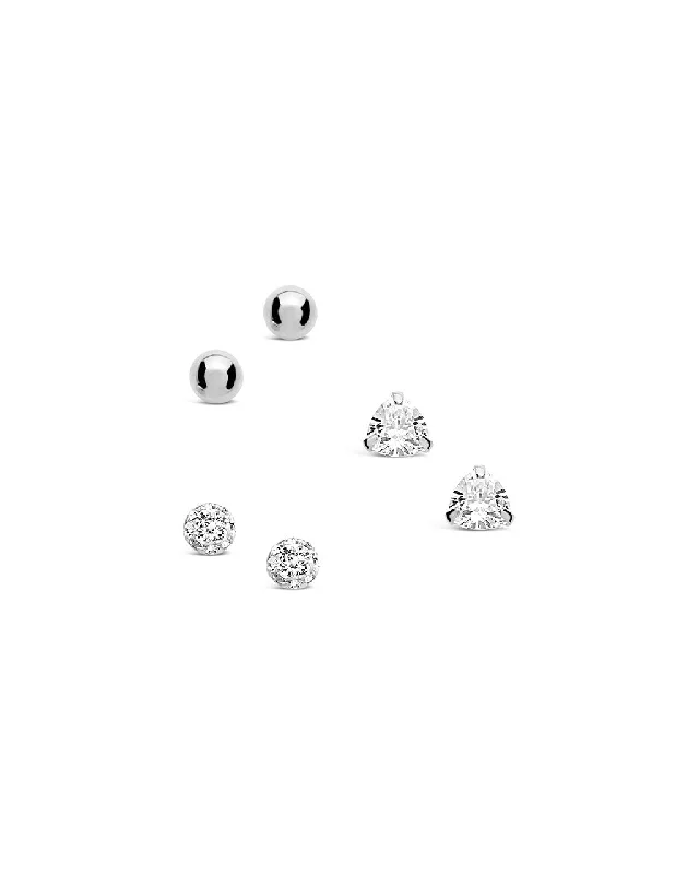 Sterling Silver CZ & Bead Stud Earring Set of 3