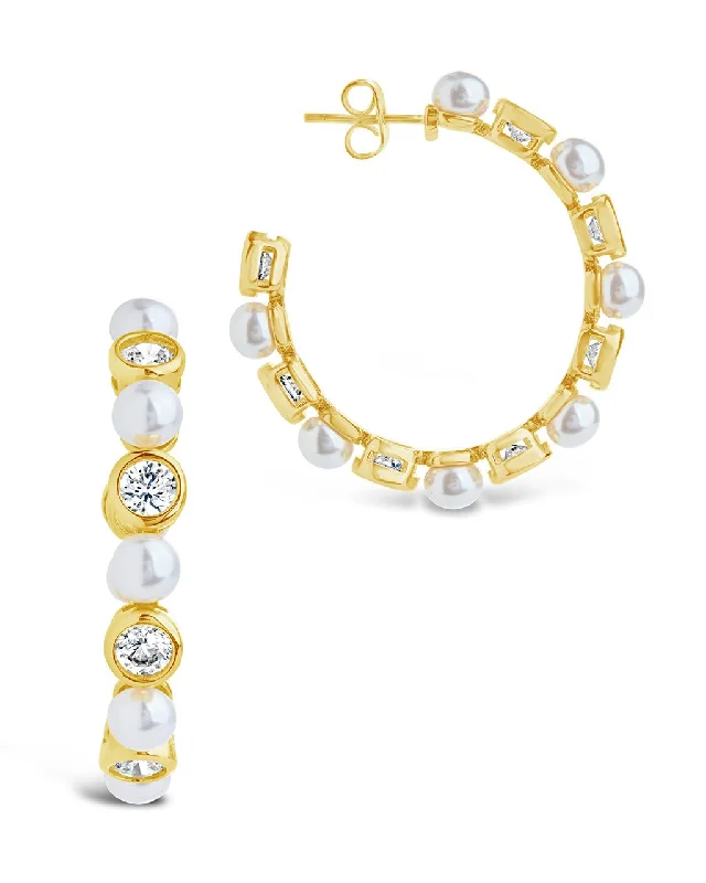 Theodora CZ Gold Pearl Hoop Earrings