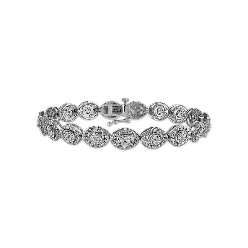 1 CTW Diamond Cluster 7-inch Tennis Bracelet in Rhodium Plated Sterling Silver