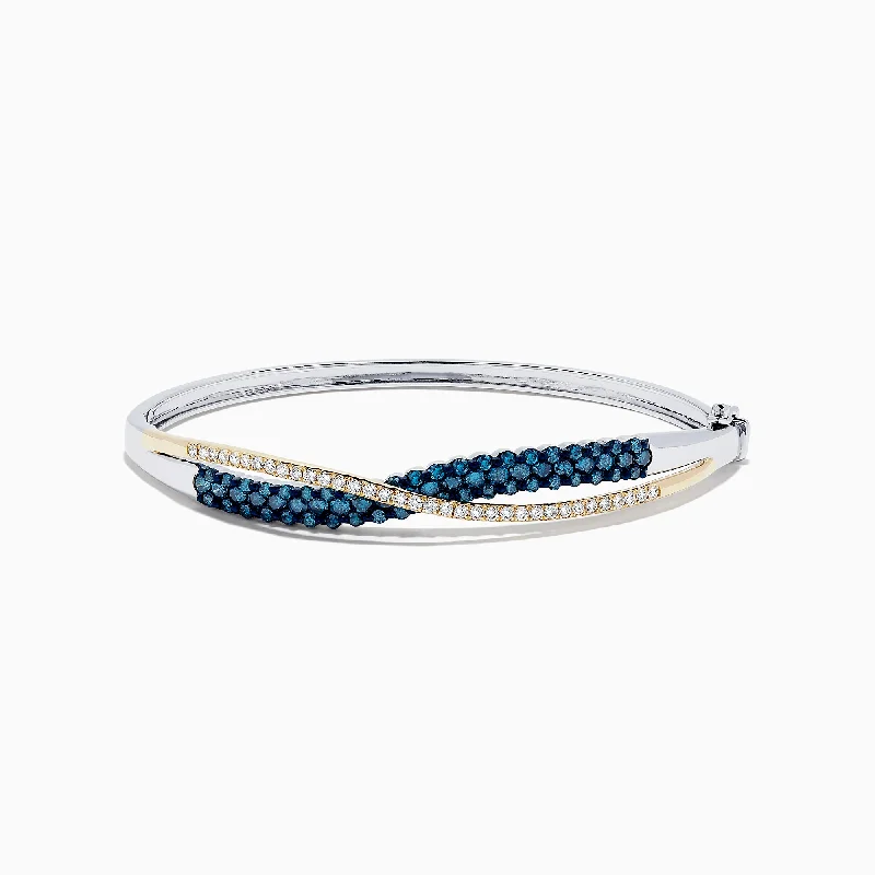 14K Two Tone Gold Blue and White Diamond Crossover Bangle, 2.00 TCW