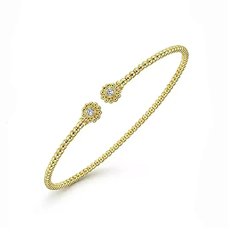 14K Yellow Gold Bujukan Split Cuff Bracelet with Diamond Flower Caps