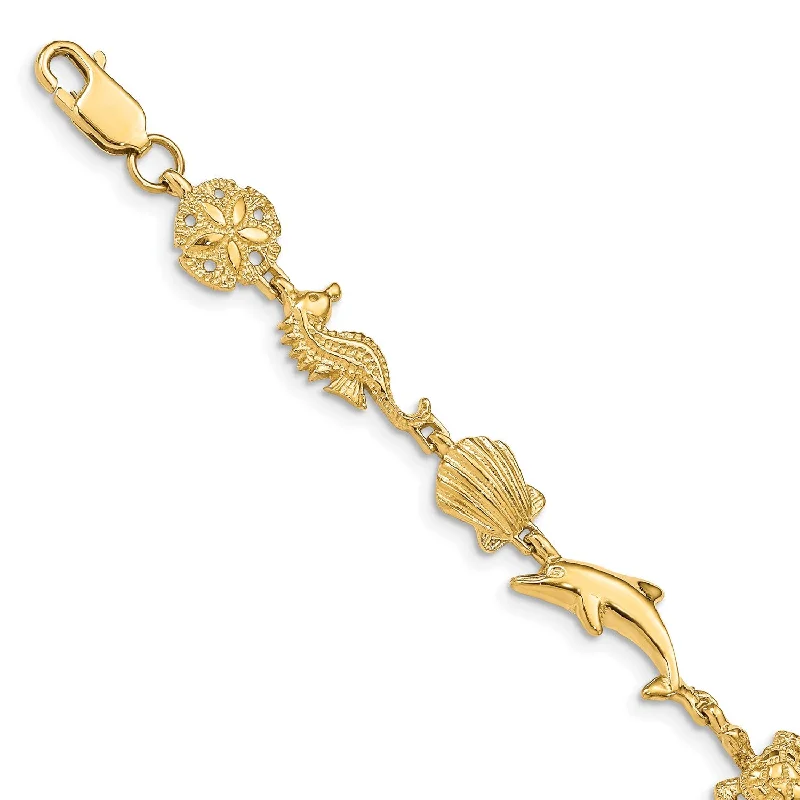 14KT Yellow Gold 7-inch 13MM Fancy Lobster Clasp Sea Life Bracelet