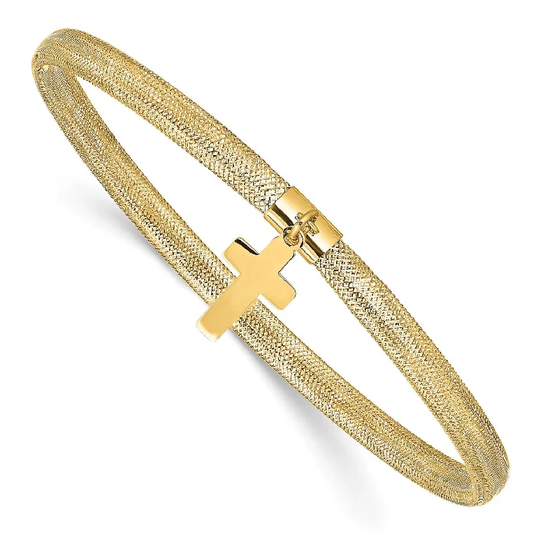 14KT Yellow Gold 7-inch 4MM Stretch Bangle Cross Bracelet