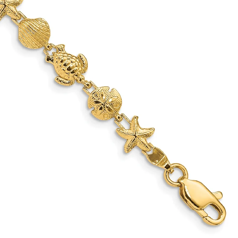 14KT Yellow Gold 7-inch 7MM Fancy Diamond-cut Lobster Clasp Sea Life Bracelet