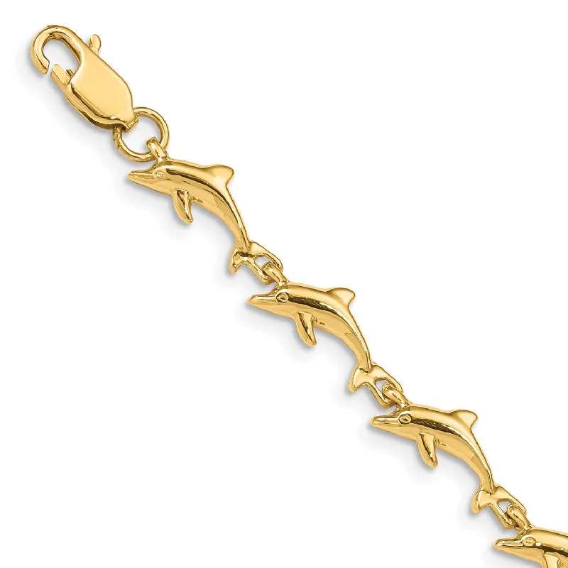 14KT Yellow Gold 7-inch 7MM Fancy Lobster Clasp Dolphin Bracelet