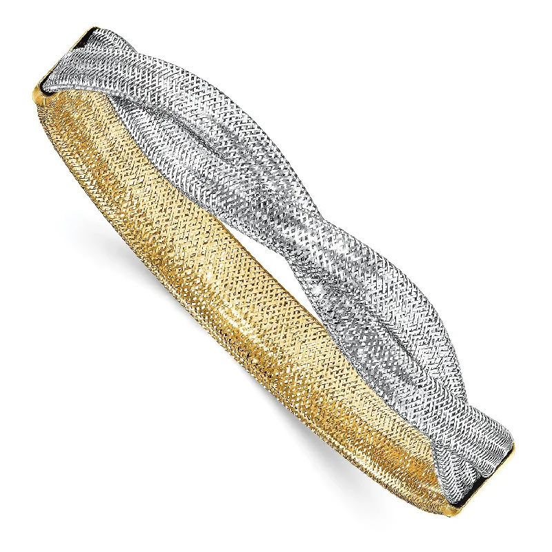 14KT Yellow Gold With Rhodium Plating 10MM Mesh Reversible Stretch Bracelet