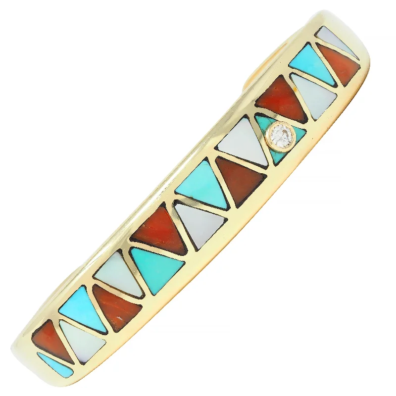 1970's Diamond Turquoise Carnelian Mother-Of-Pearl 14K Gold Inlay Vintage Cuff Bracelet