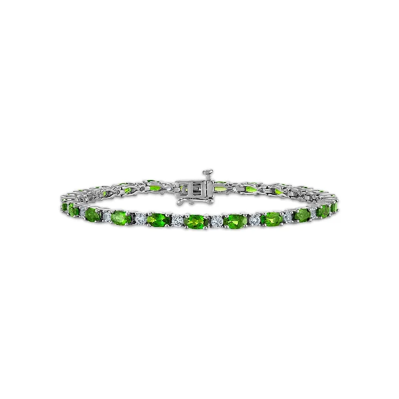 5X3MM Oval Chrome Diopside and Topaz 7-inch Tennis Bracelet in Rhodium Plated Sterling Silver