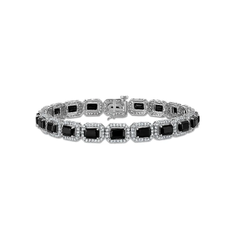 6X4MM Emerald Shape Black Spinel and White Sapphire 7.5-inch Halo Tennis Bracelet in Rhodium Plated Sterling Silver