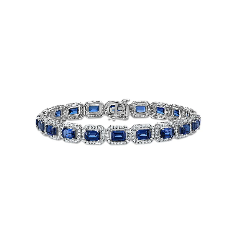 6X4MM Emerald Shape Blue Sapphire and White Sapphire 7.5-inch Halo Tennis Bracelet in Rhodium Plated Sterling Silver