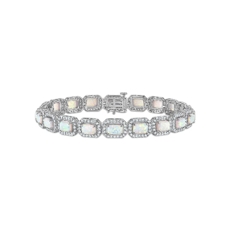 6X4MM Emerald Shape Opal and White Sapphire 7.5-inch Halo Tennis Bracelet in Rhodium Plated Sterling Silver