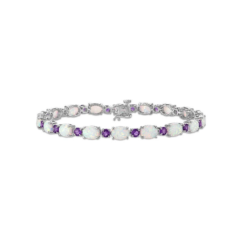 7X5MM Oval Opal and Amethyst 7.5-inch Tennis Bracelet in Rhodium Plated Sterling Silver