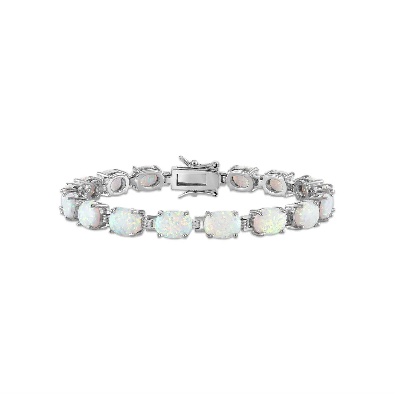 8X6MM Oval Lab Created Opal 7.5-inch Tennis Bracelet in Rhodium Plated Sterling Silver