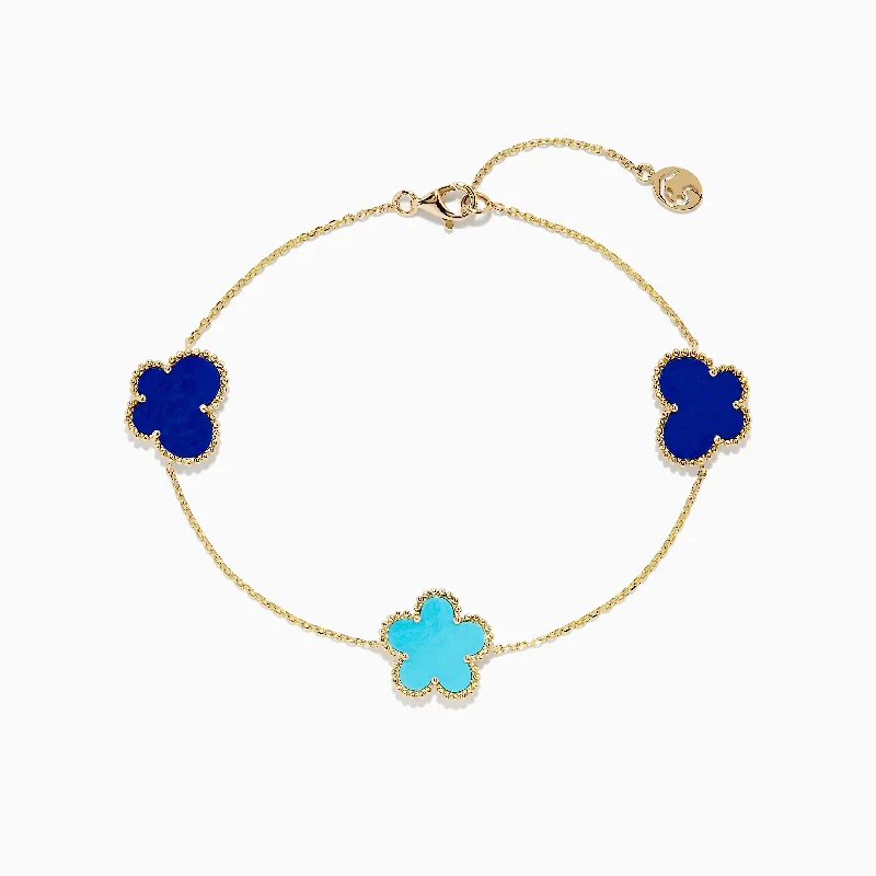 Novelty 14K Gold Turquoise & Lapis Floral Butterfly Bracelet