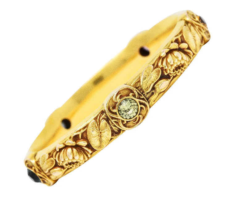 Schumann Son's Riker Bros. Art Nouveau Multi-Color Montana Sapphire 14 Karat Yellow Gold Floral Pad Lotus Antique Bangle Bracelet