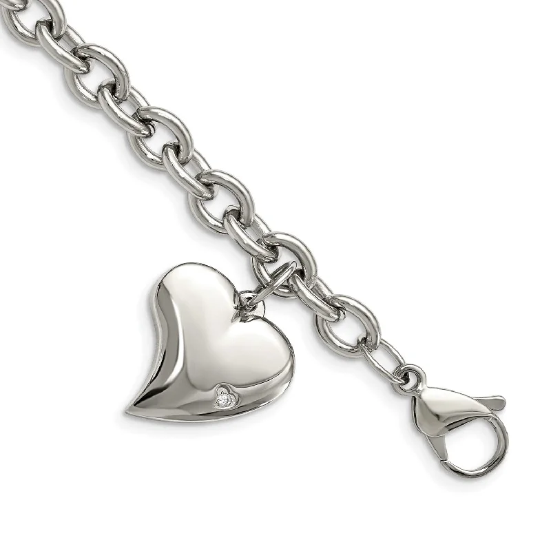 Stainless Steel Cubic Zirconia 7.5-inch Lobster Clasp Heart Charm Bracelet