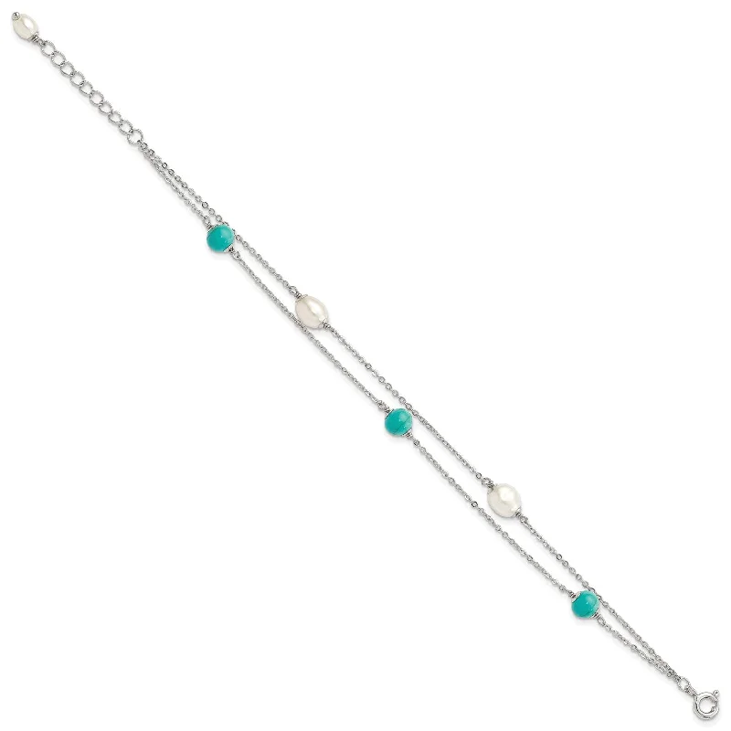 Sterling Silver 5X8MM Pearl and Turquoise 8-inch Bracelet