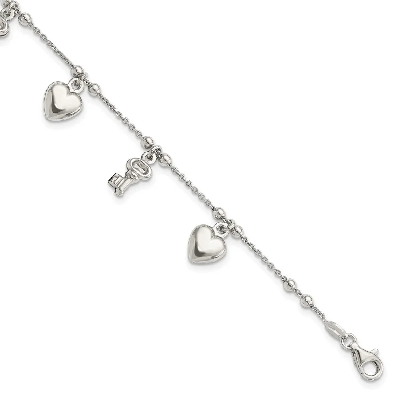 Sterling Silver 6.75-inch Heart Key Charm Bracelet