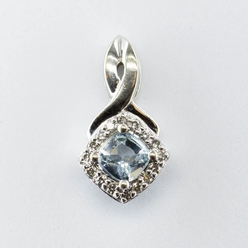 10k White Gold Cushion Aquamarine and Diamond Pendant | 0.32ctw